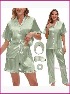Silk Satin Pajama Set 3-Piece Shorts Pants Button Down Sleepwear